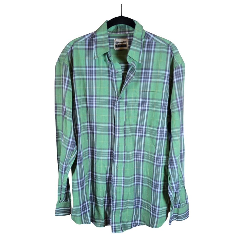 Wrangler Riata Men's Green Plaid Long Sleeve Button Up Shirt Size L - Picture 2 of 5